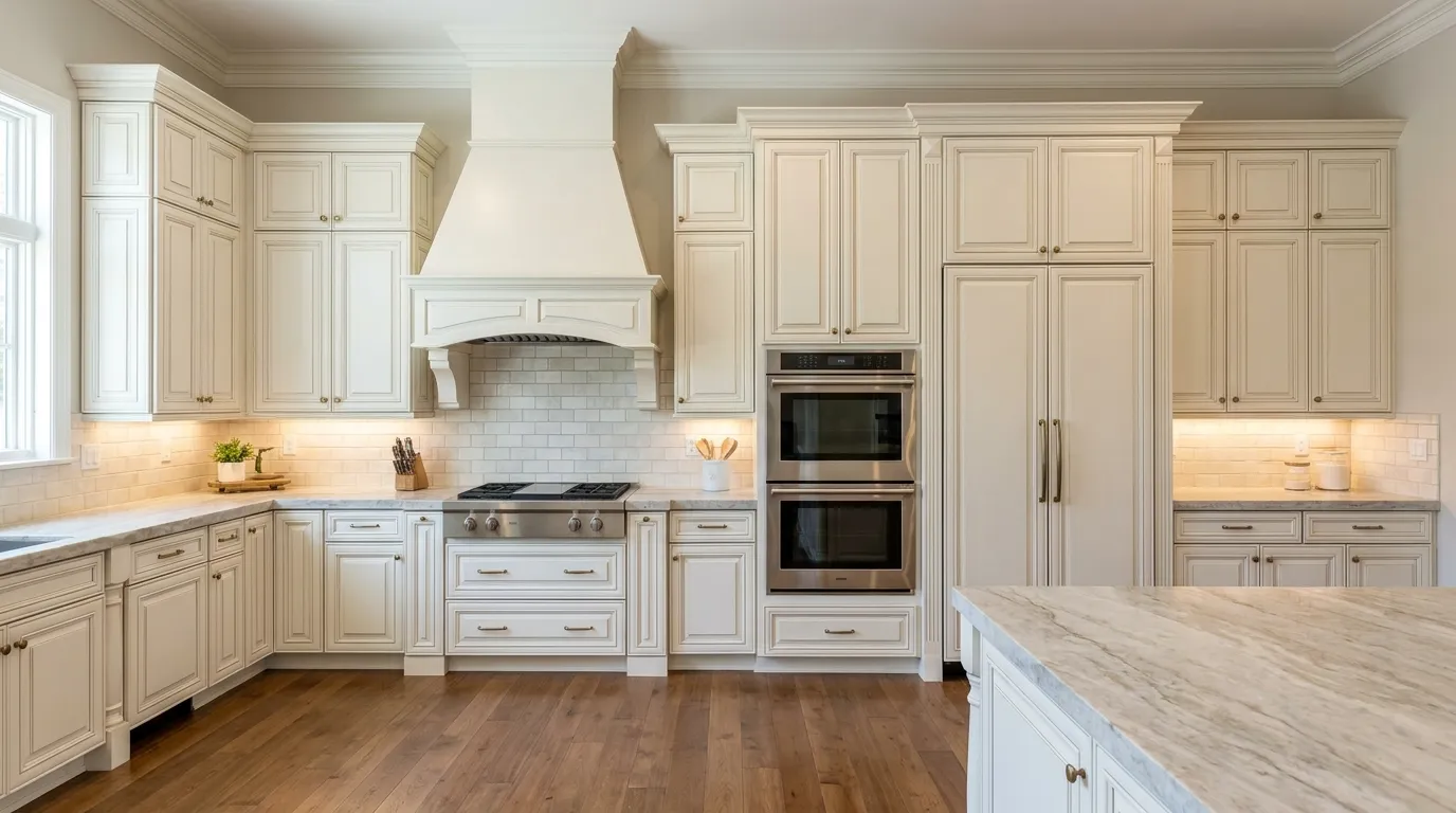 Antique white raised-panel kitchen cabinets