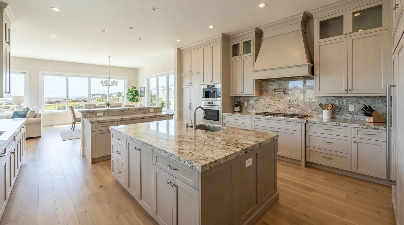 Open-plan kitchen layout with granite surfaces